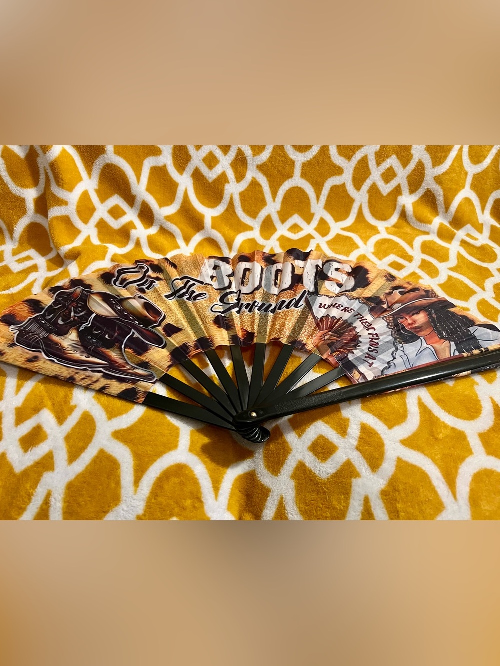 Western "Boots on the Ground" Foldable Plastic Hand Fan Brown/Black/Beige